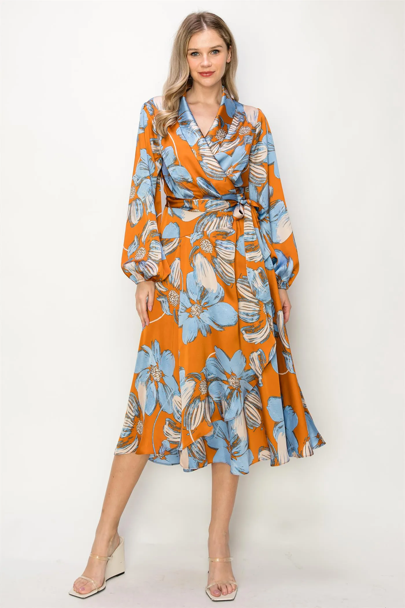 OL24A130-LONG SLEEVE V-NECK WRAP MAXI DRESS