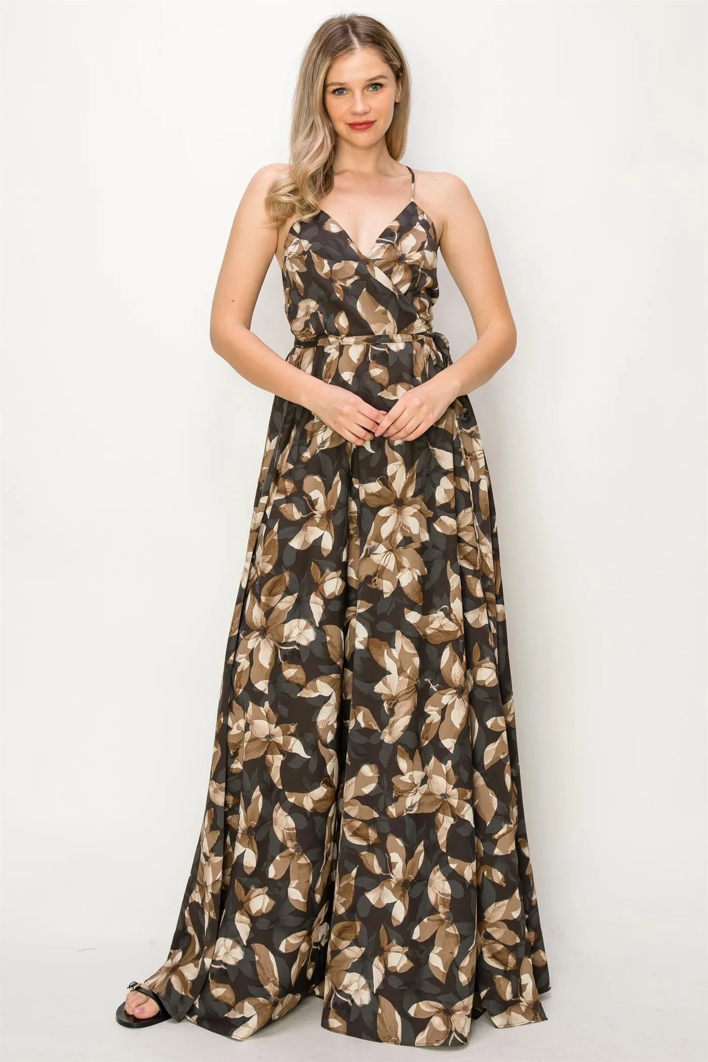 OL24A137-FLORAL SLEEVELESS WRAP MAXI DRESS