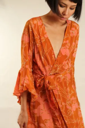 ORANGE FLOWER SILK WRAP DRESS