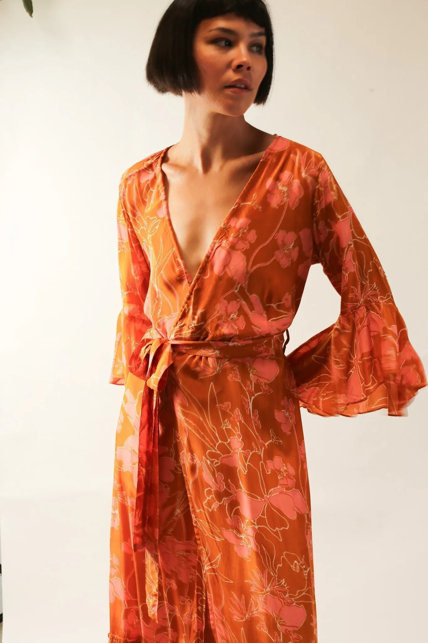 ORANGE FLOWER SILK WRAP DRESS