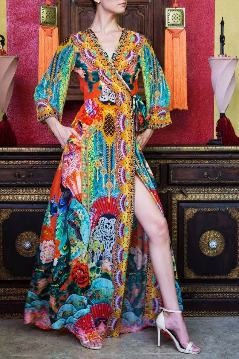 Orange Long Silk Wrap Dress