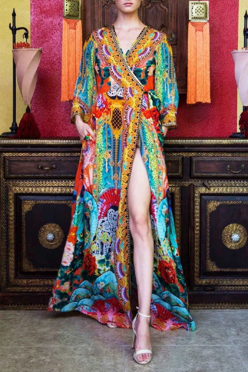 Orange Long Silk Wrap Dress
