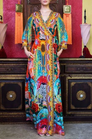 Orange Long Silk Wrap Dress
