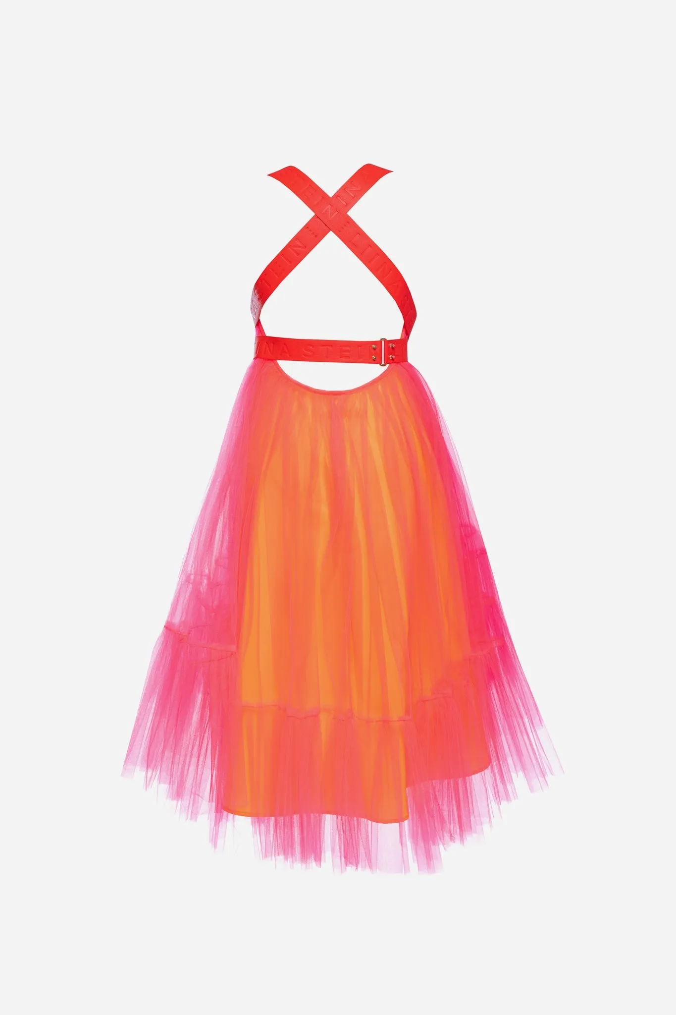 Orange Pink Leather Strap Tulle Dress