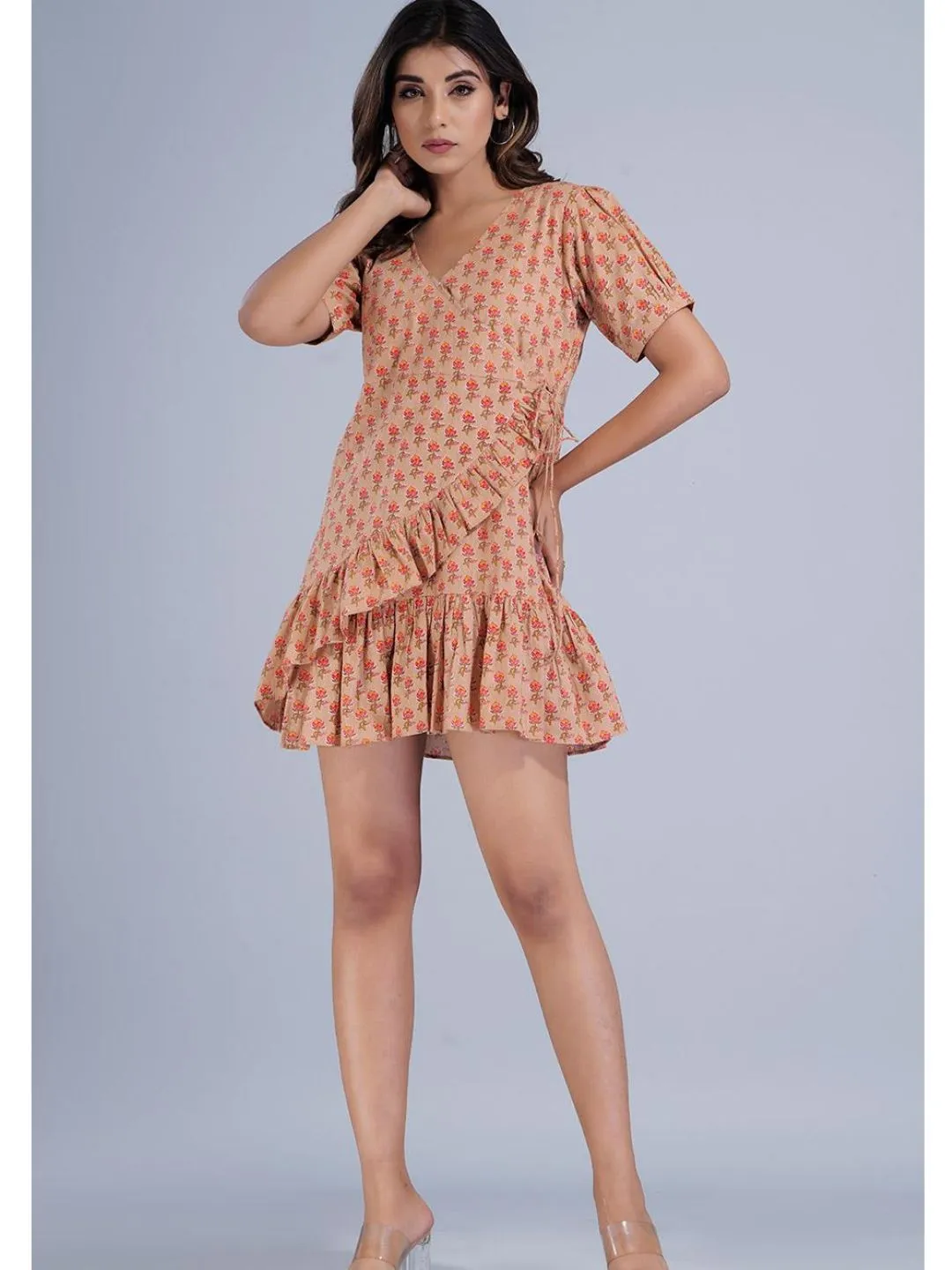 Orange Printed Short Wrap Dress with Tier Hem