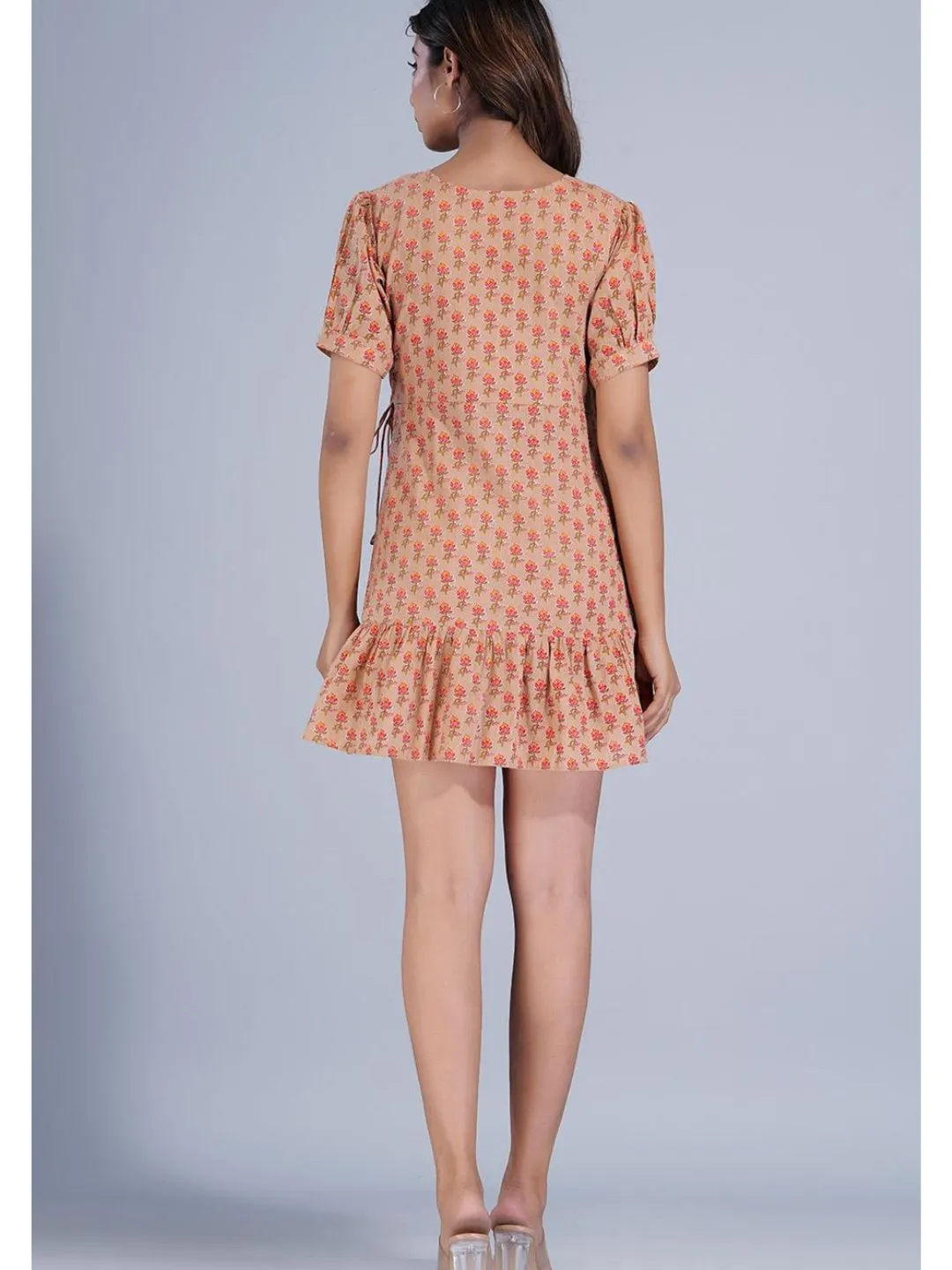 Orange Printed Short Wrap Dress with Tier Hem