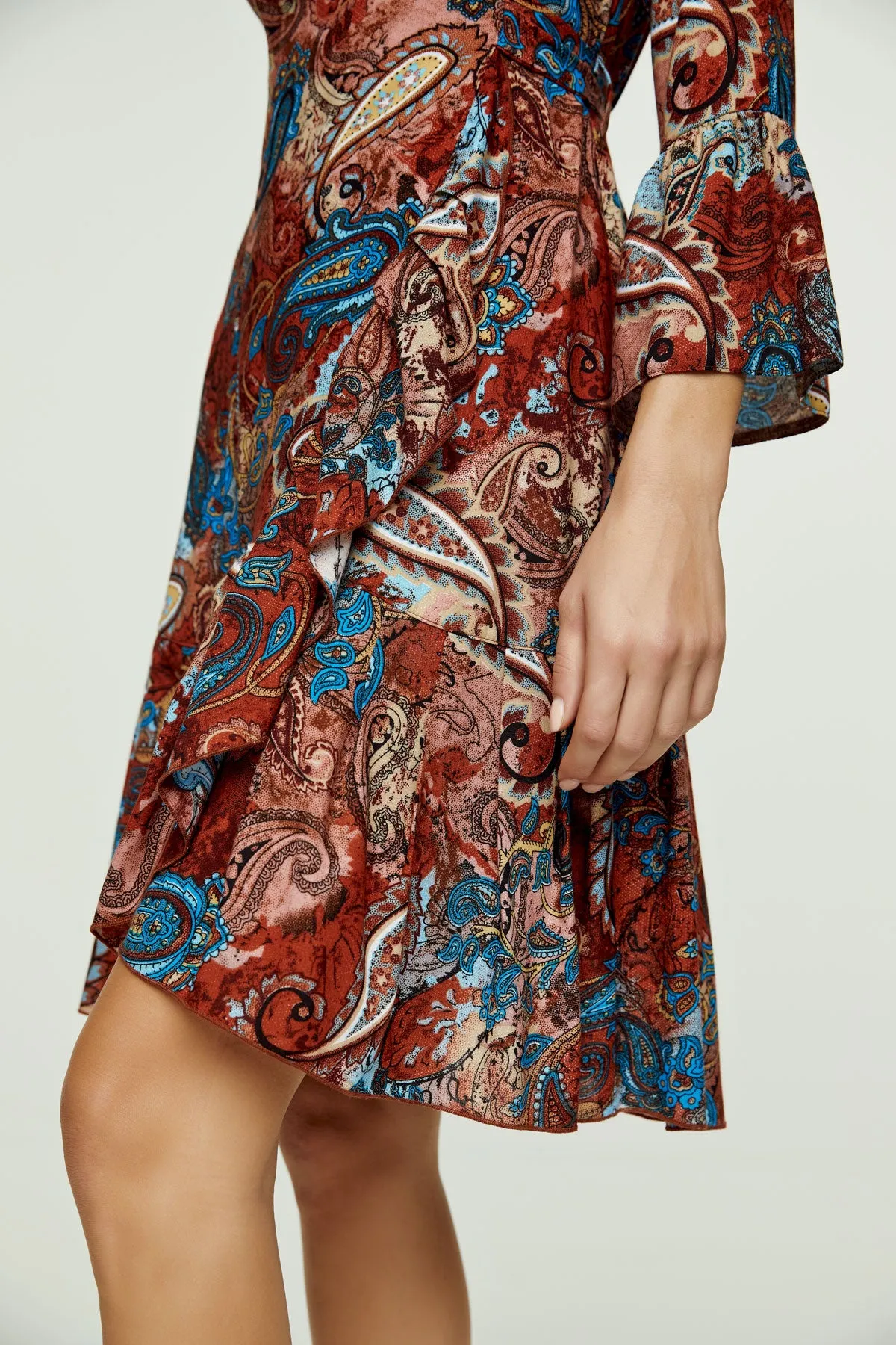 Paisley Print Viscose Wrap Dress with Bell Sleeves