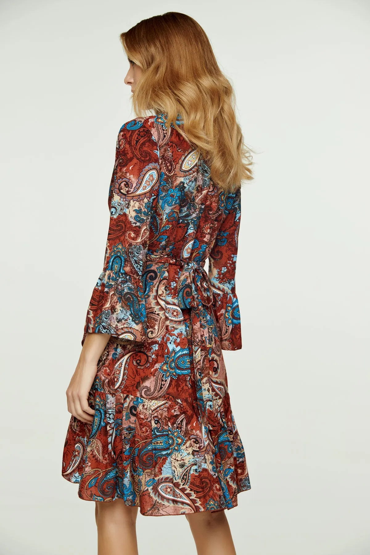 Paisley Print Viscose Wrap Dress with Bell Sleeves