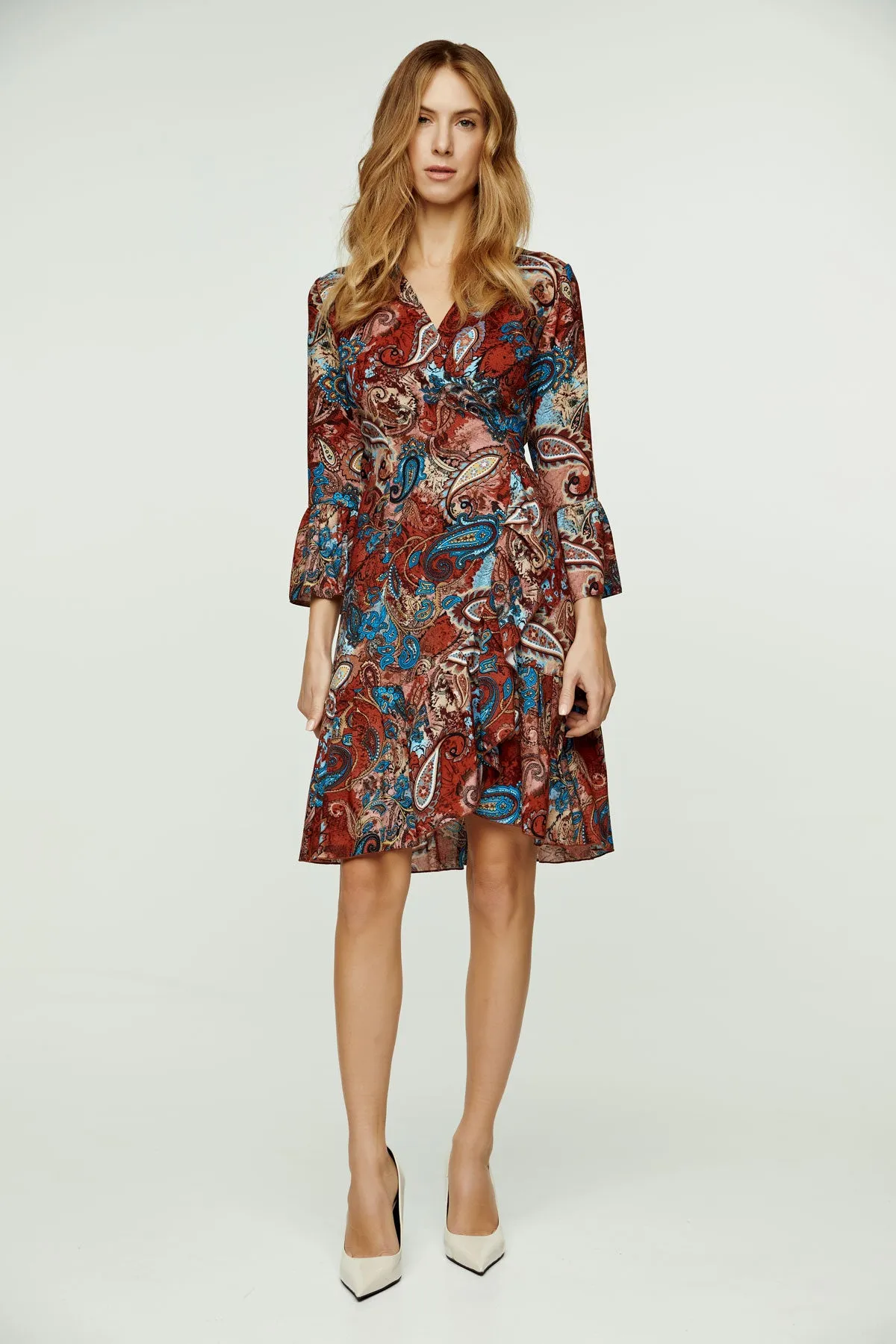Paisley Print Viscose Wrap Dress with Bell Sleeves