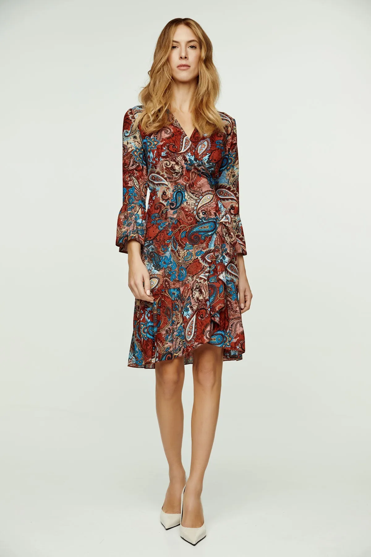 Paisley Print Viscose Wrap Dress with Bell Sleeves