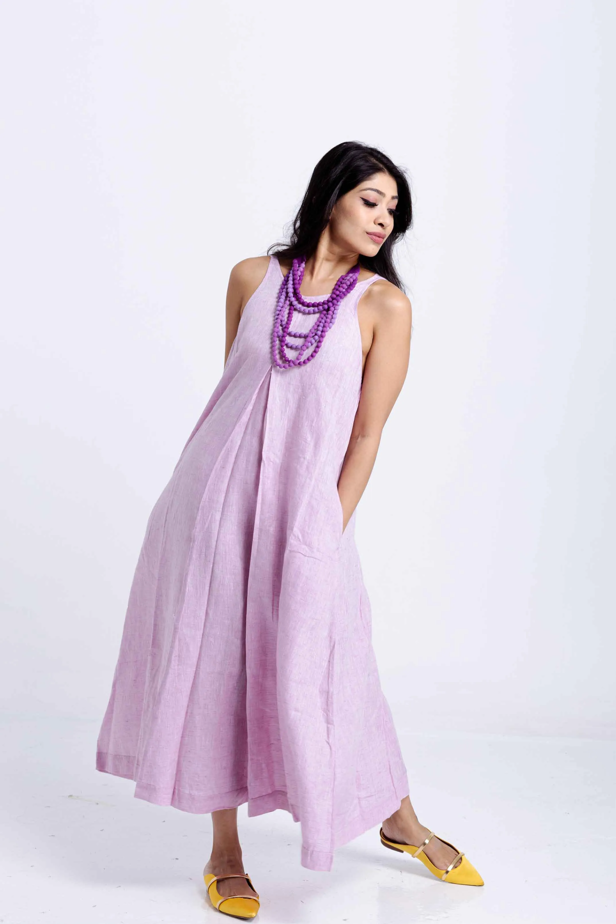 Pandora "Work and Days" Linen Dress with Ombre Bead Necklace -Mauve