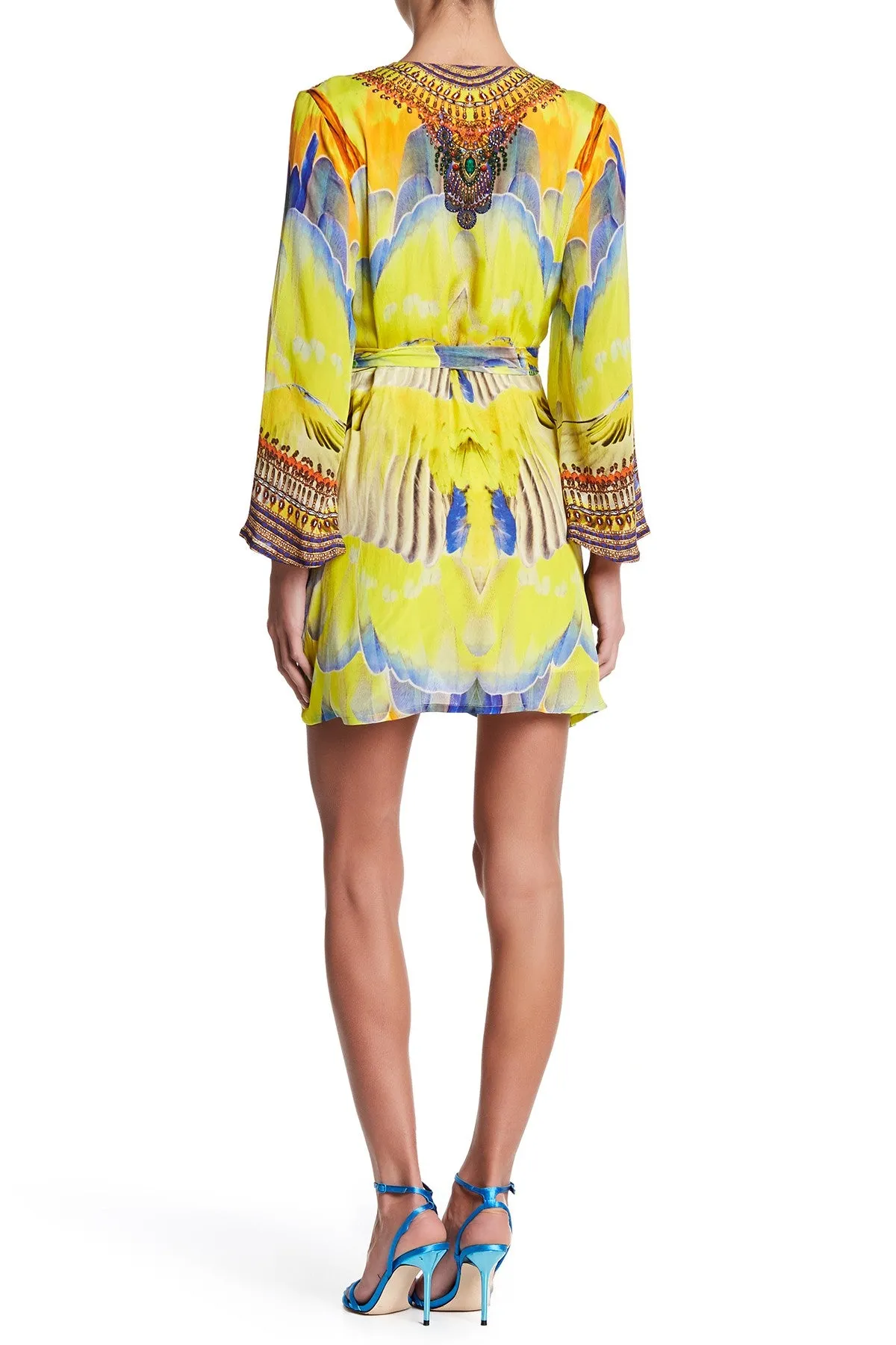 Parrot Macaw Short Wrap Dress in  Lemon Drop