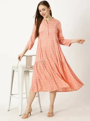 Peach Printed Rayon Dress with Side Gathers