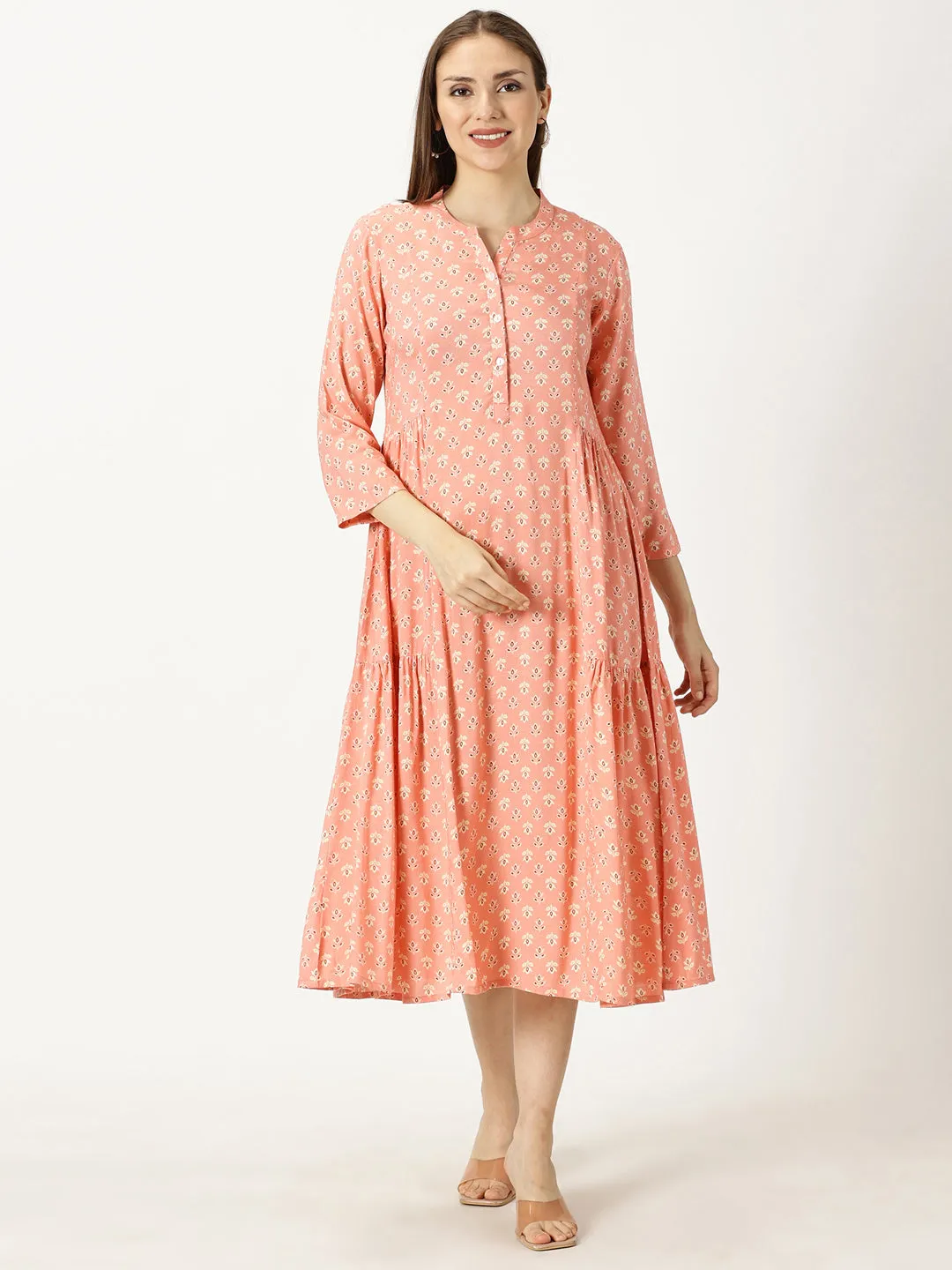 Peach Printed Rayon Dress with Side Gathers
