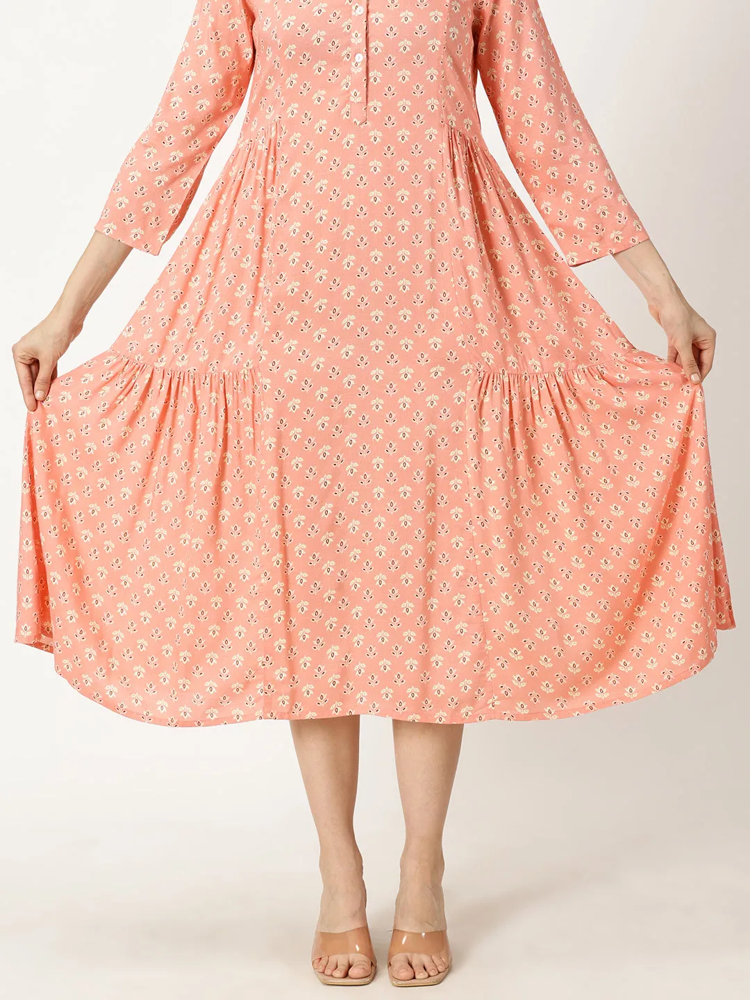 Peach Printed Rayon Dress with Side Gathers