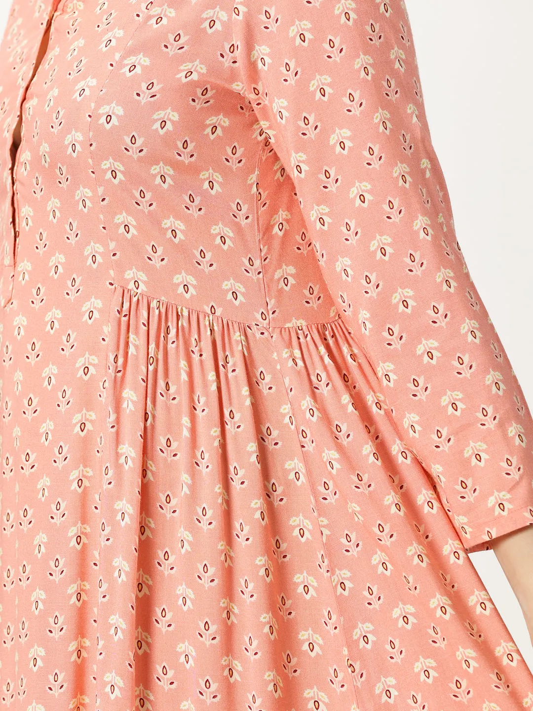 Peach Printed Rayon Dress with Side Gathers