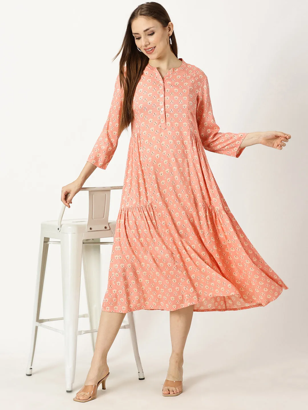 Peach Printed Rayon Dress with Side Gathers
