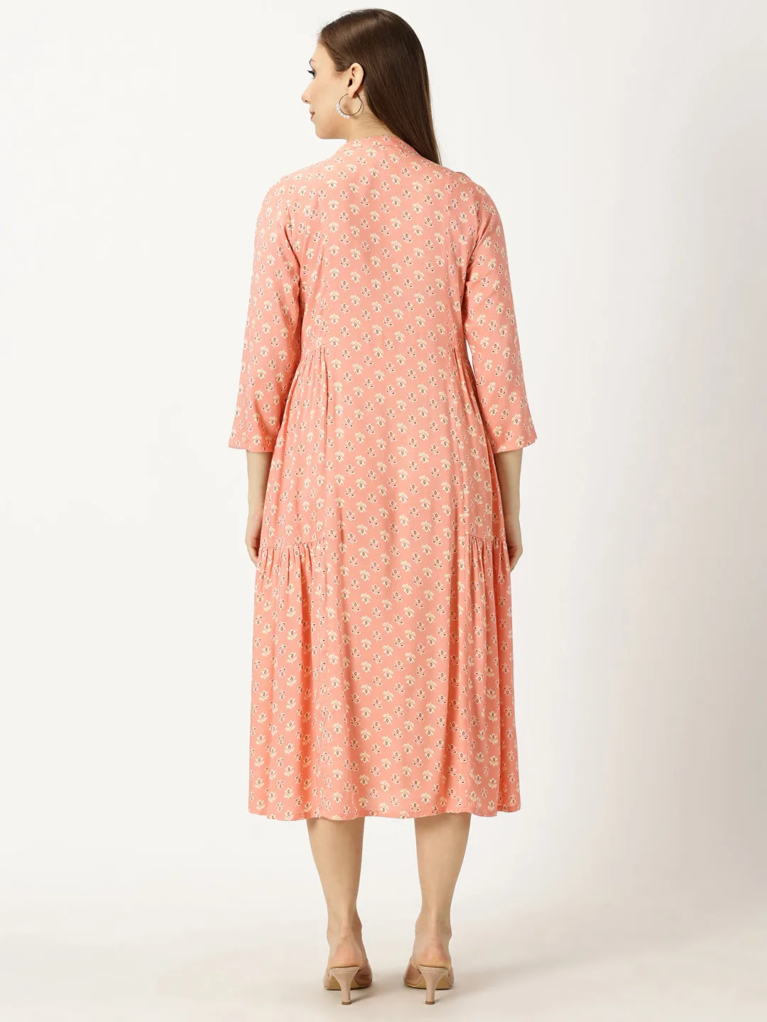 Peach Printed Rayon Dress with Side Gathers