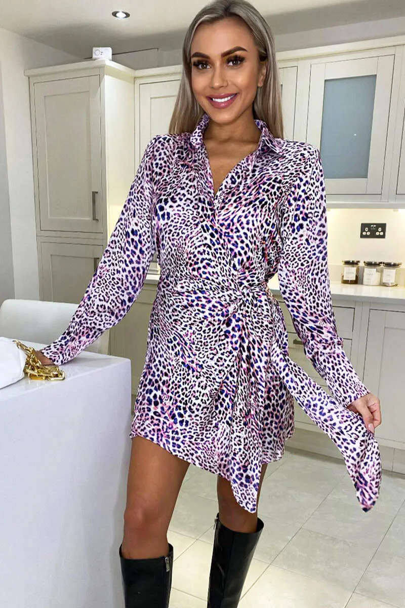 Pink Animal Print Tie Wrap Long Sleeve Mini Dress