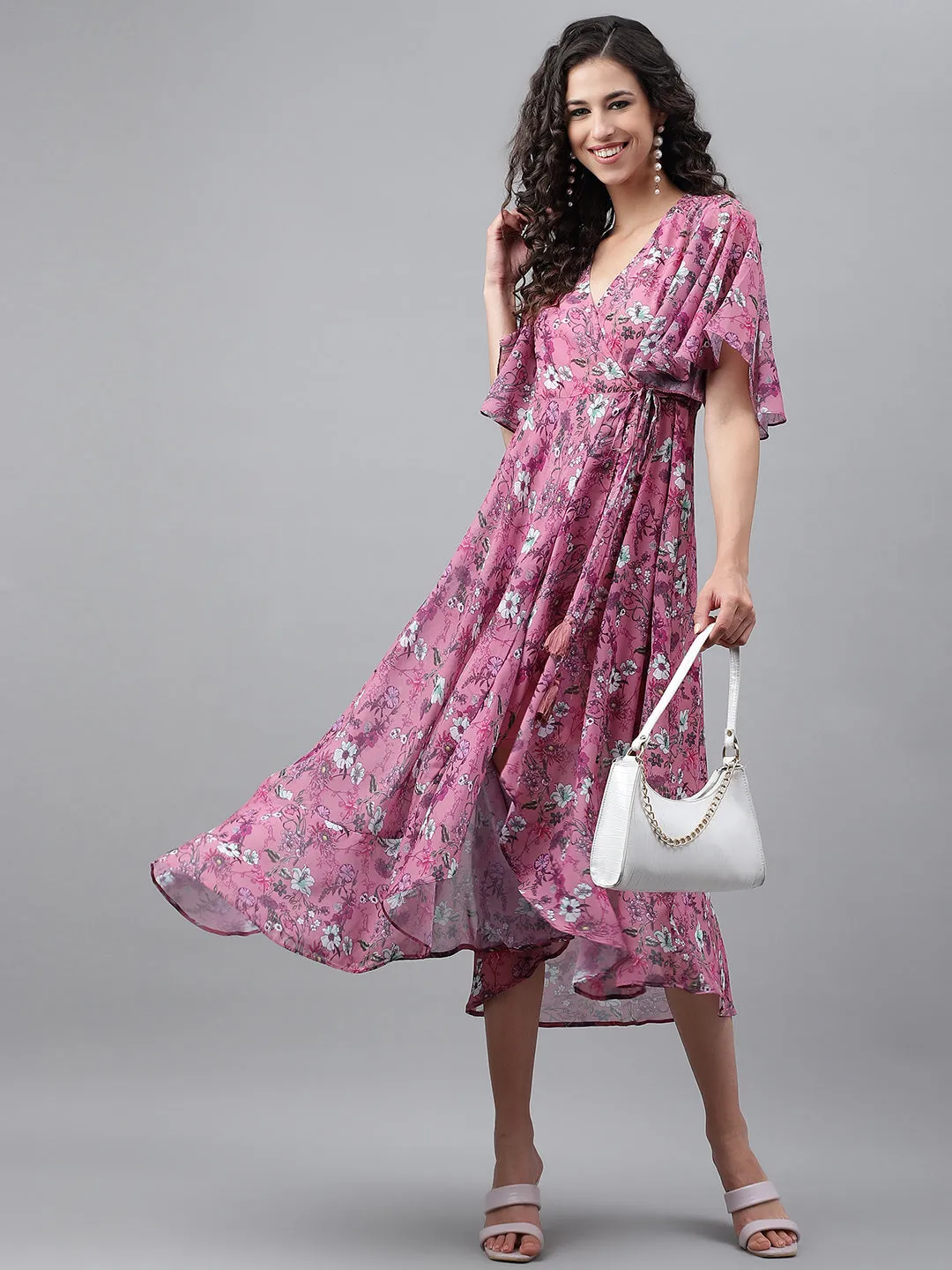 Pink Georgette Digital Printed Wrap Dress
