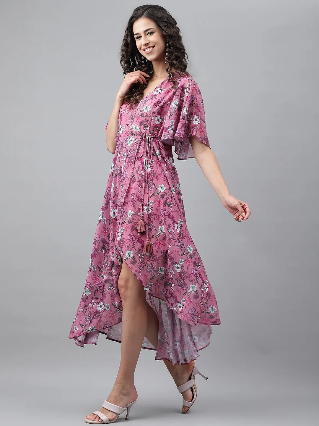 Pink Georgette Digital Printed Wrap Dress
