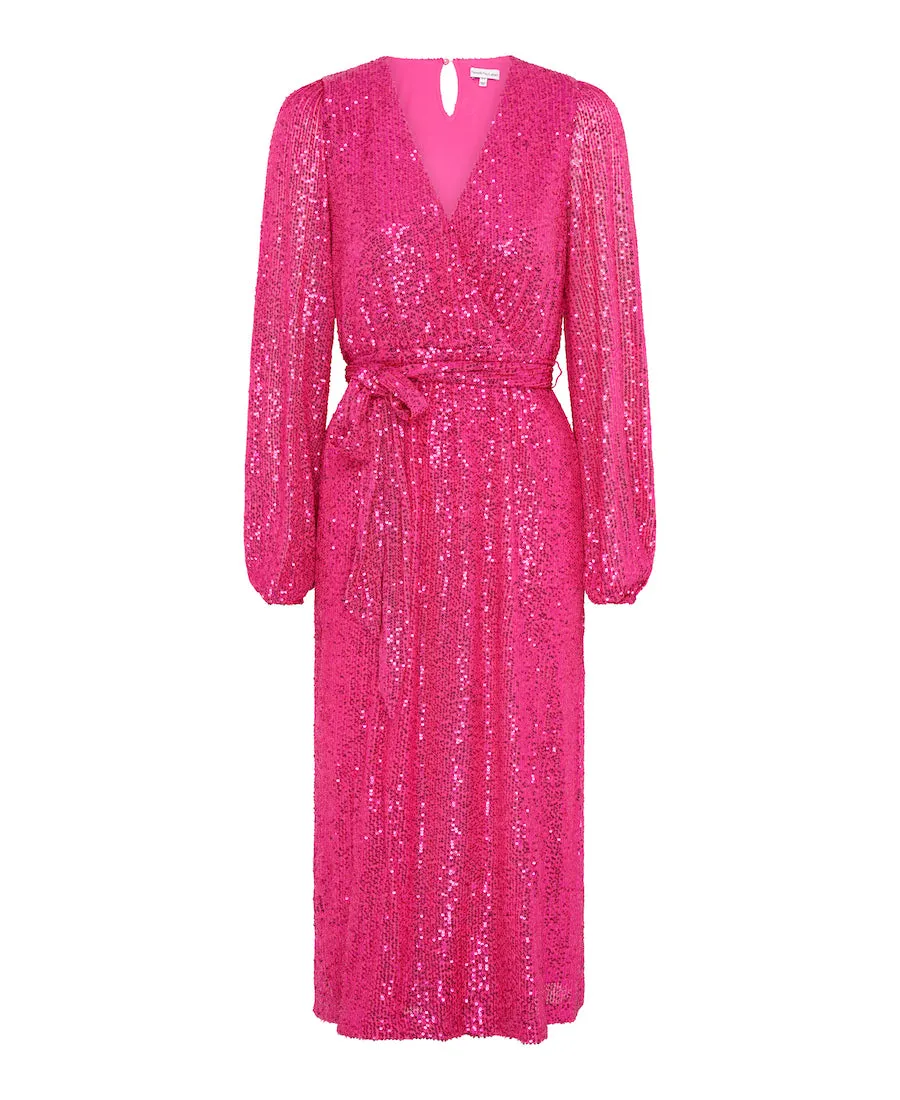 Pink Sequin Wrap Midi Dress