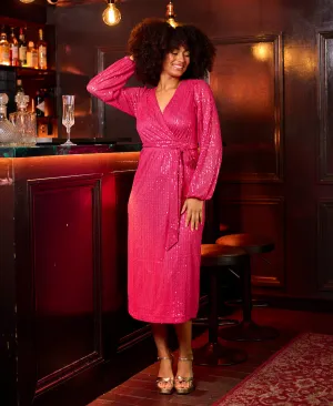 Pink Sequin Wrap Midi Dress