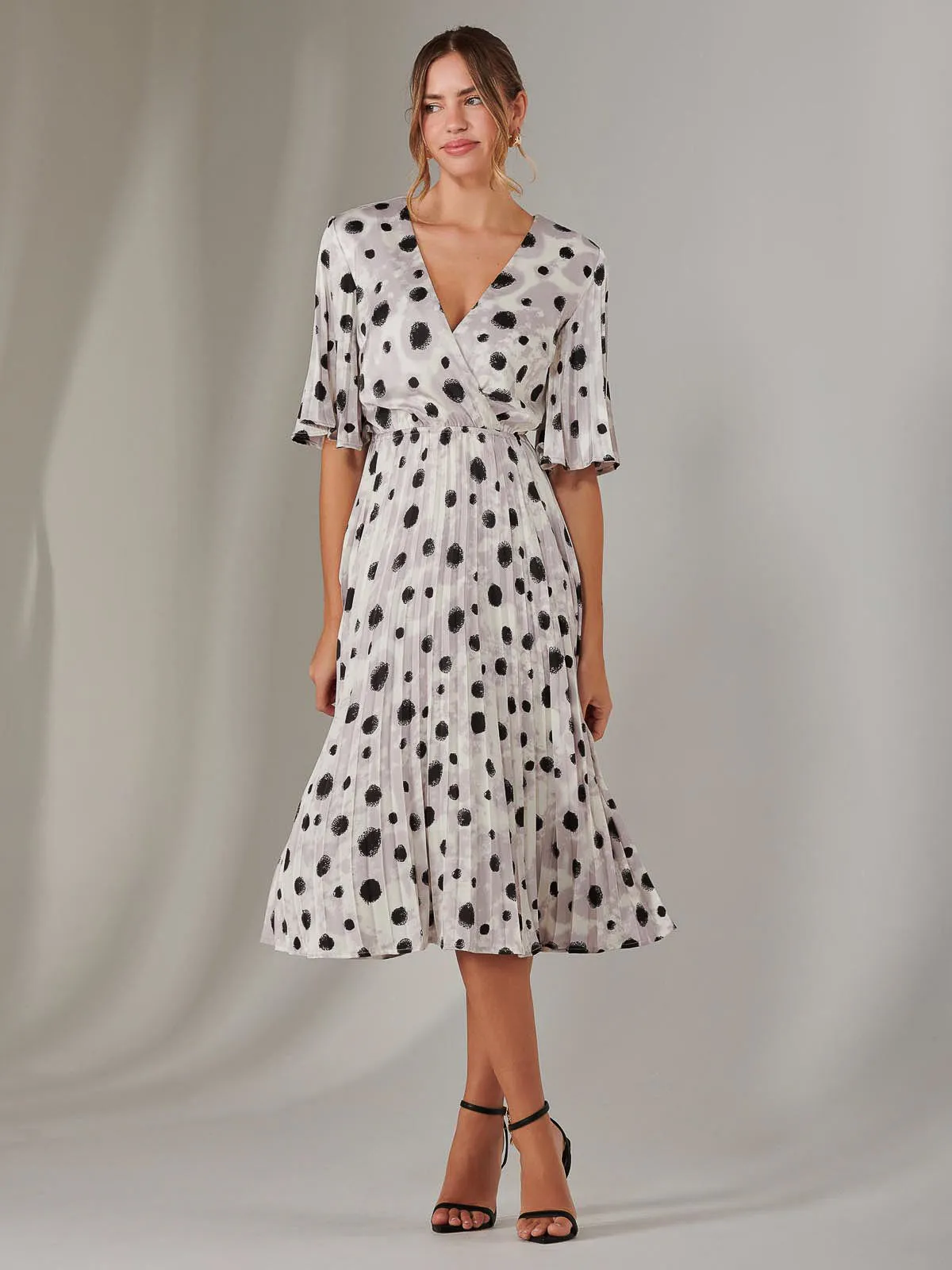 Pleated Wrap Midi Dress, White Polka Dot