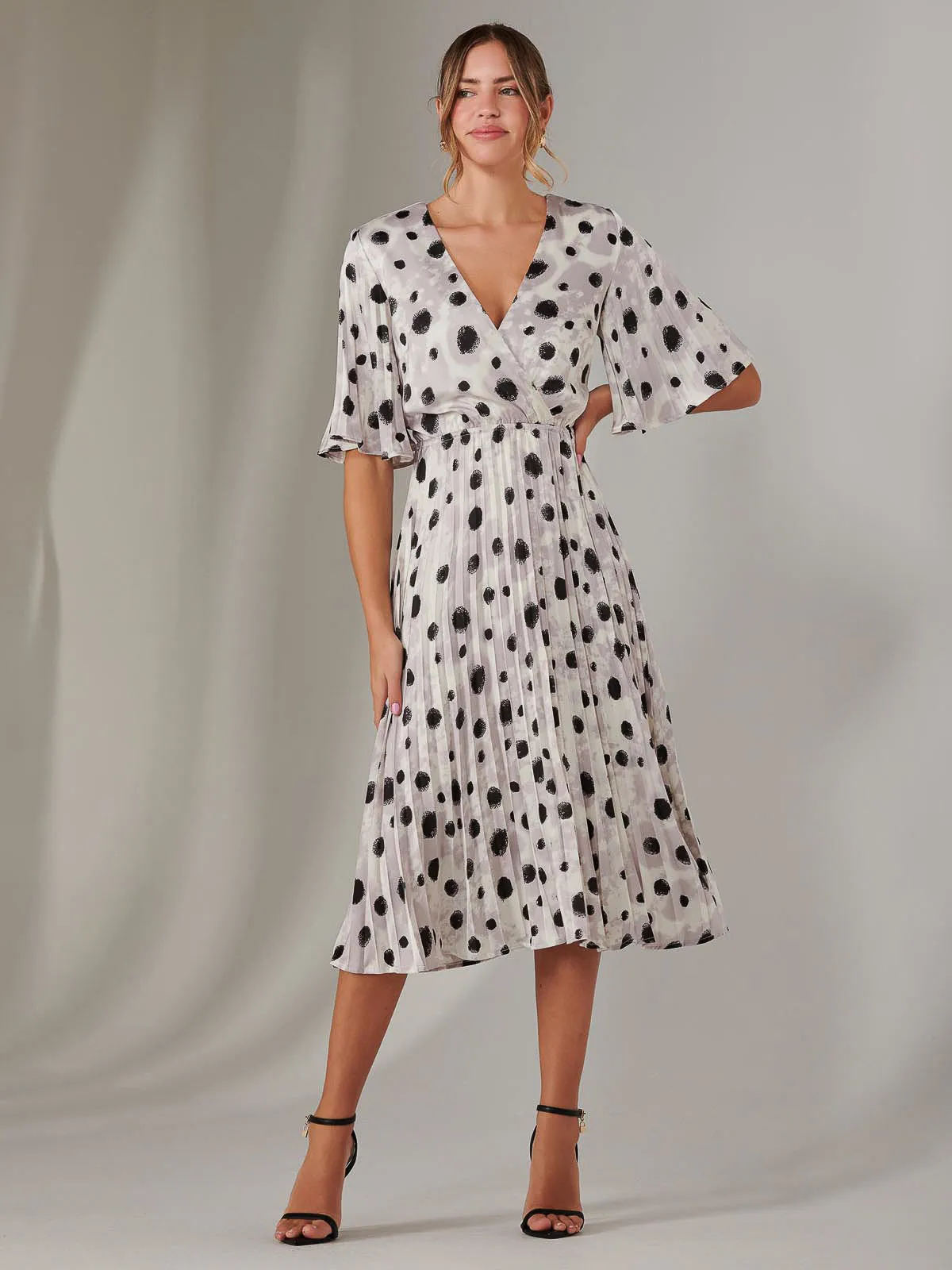 Pleated Wrap Midi Dress, White Polka Dot