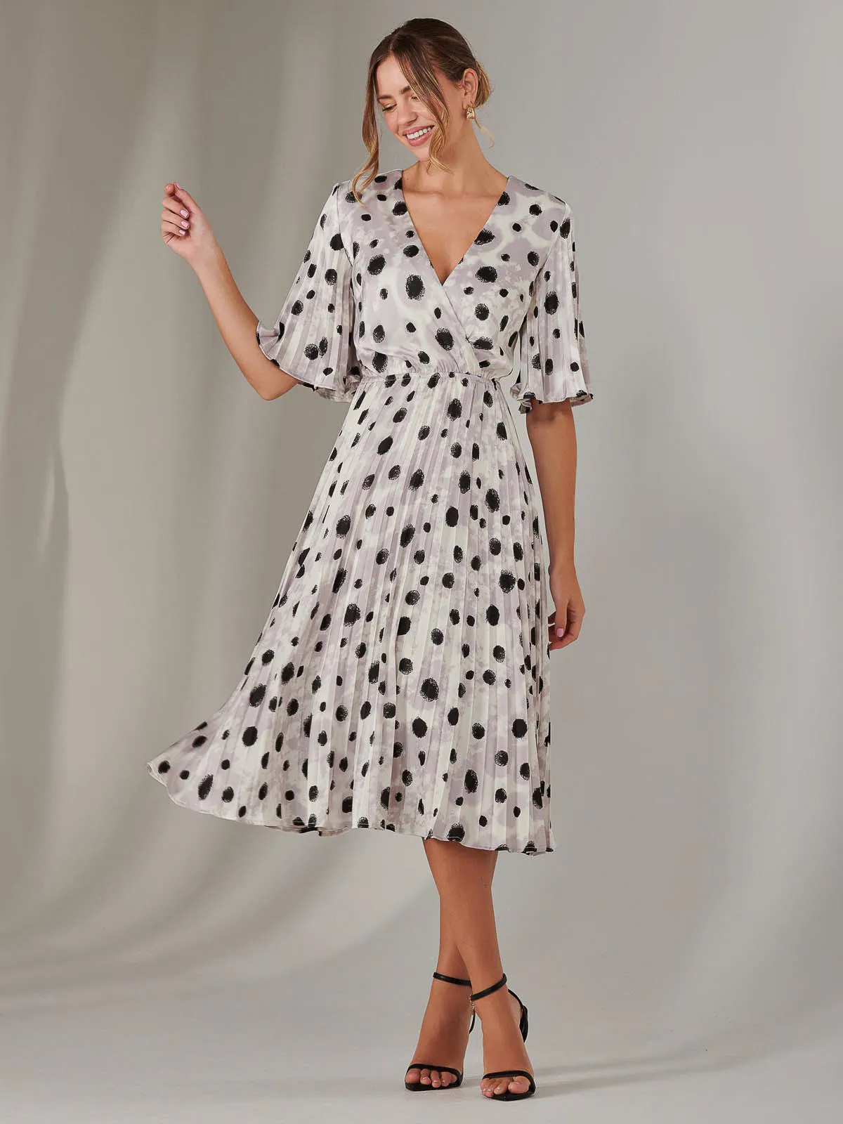 Pleated Wrap Midi Dress, White Polka Dot