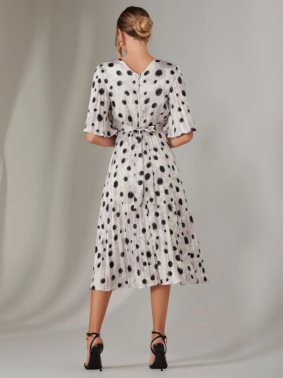 Pleated Wrap Midi Dress, White Polka Dot