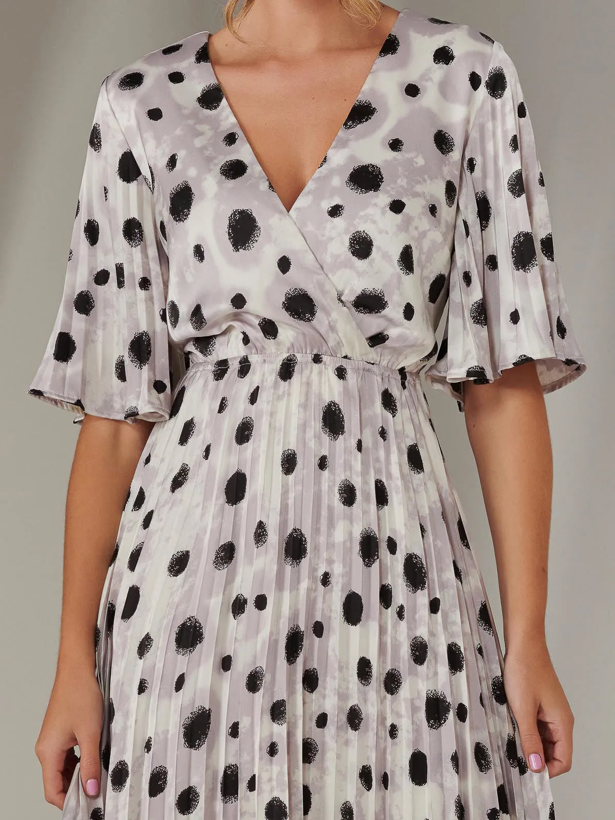 Pleated Wrap Midi Dress, White Polka Dot
