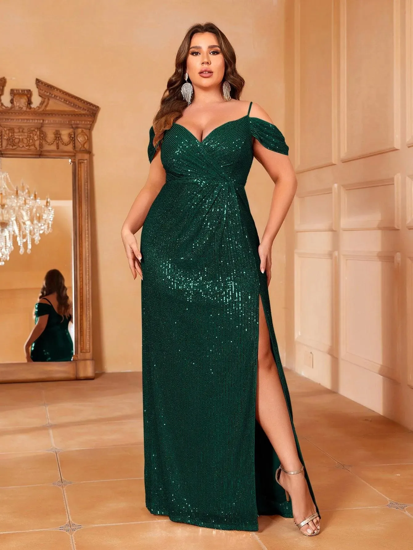Plus Cold Shoulder Wrap Hem Sequin Cami Dress