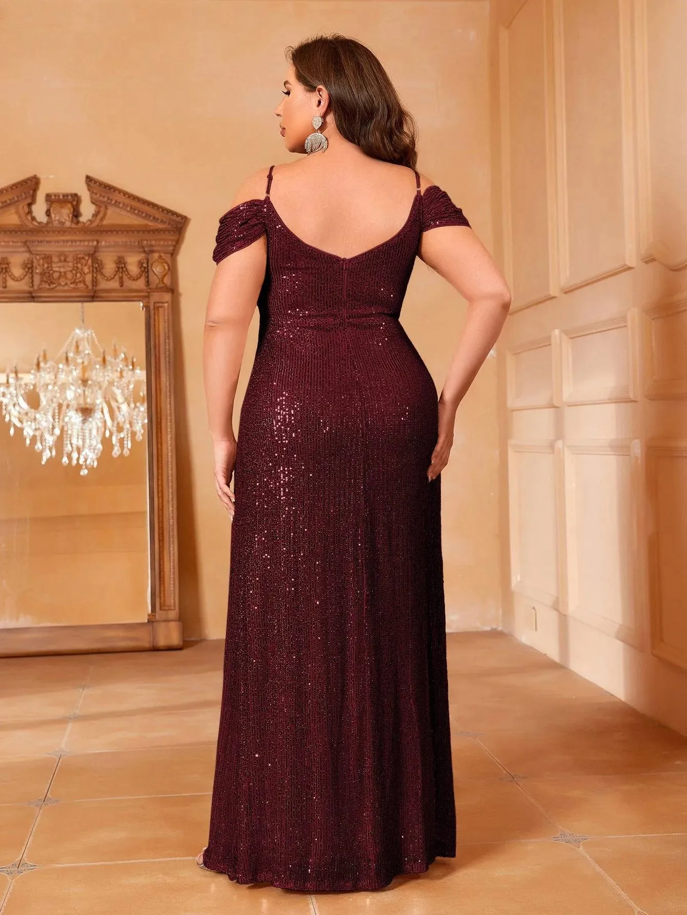 Plus Cold Shoulder Wrap Hem Sequin Cami Dress