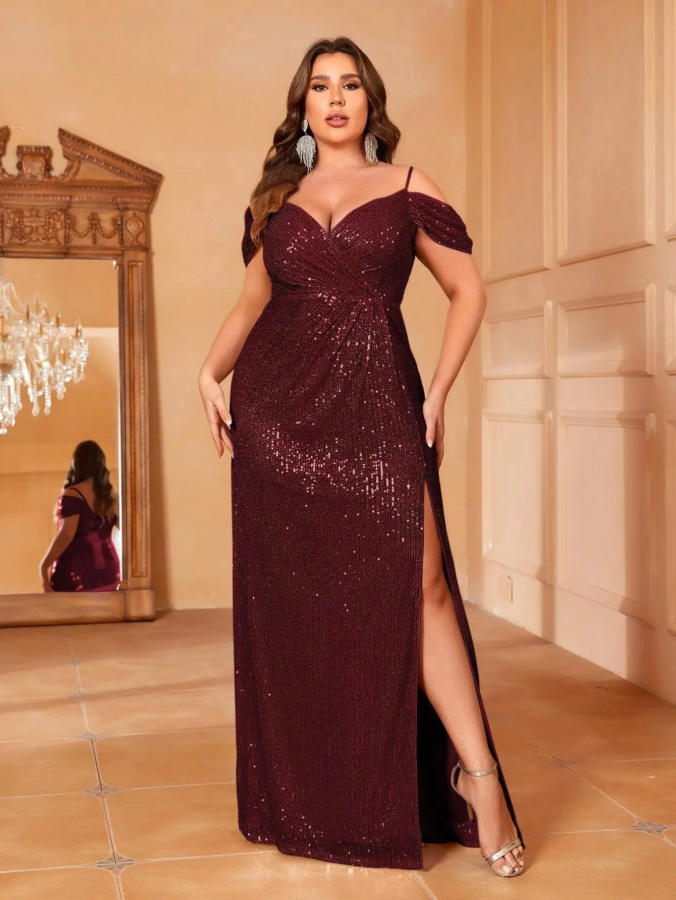 Plus Cold Shoulder Wrap Hem Sequin Cami Dress