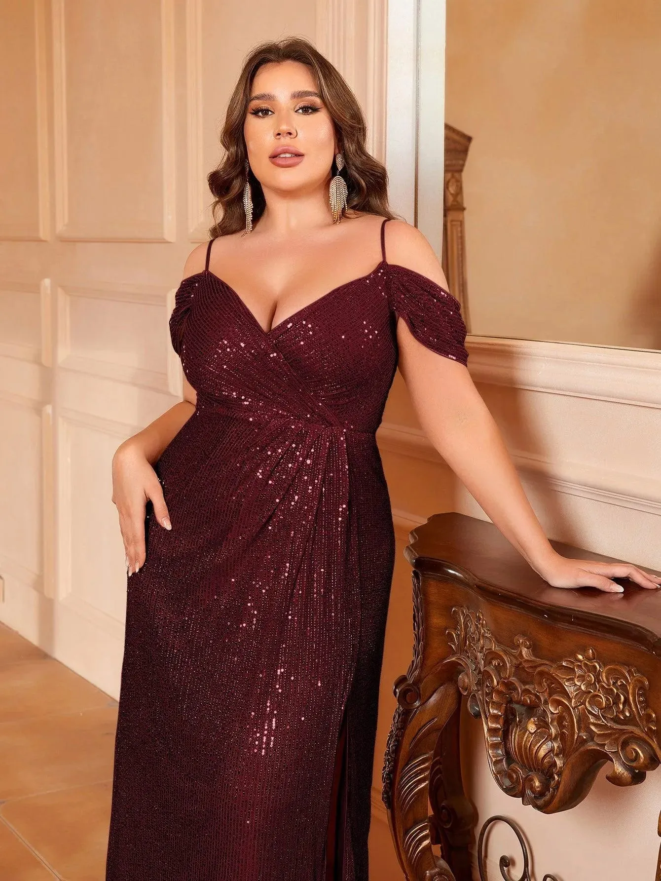 Plus Cold Shoulder Wrap Hem Sequin Cami Dress