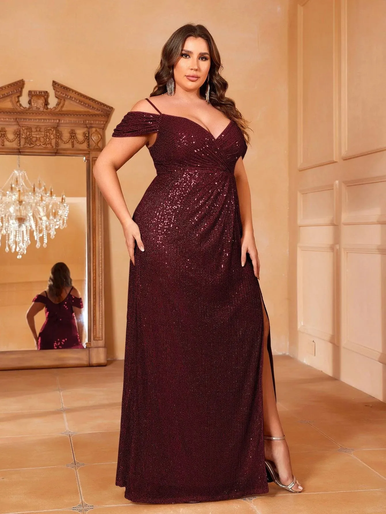 Plus Cold Shoulder Wrap Hem Sequin Cami Dress