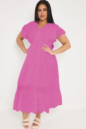 Plus Size Pink Broderie Lace Wrap Top Frill Hem Dress