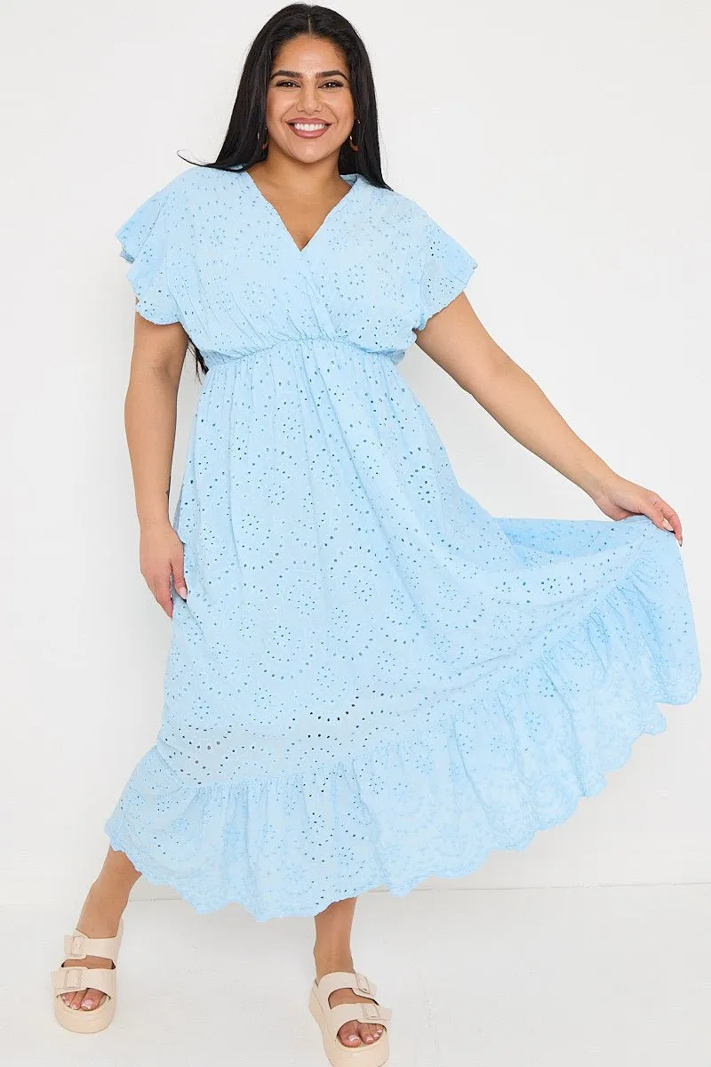 Plus Size Powder Blue Broderie Lace Wrap Top Frill Hem Dress