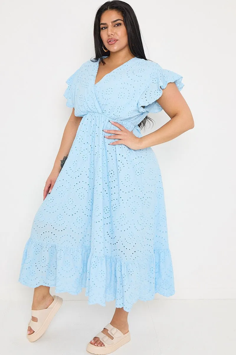 Plus Size Powder Blue Broderie Lace Wrap Top Frill Hem Dress