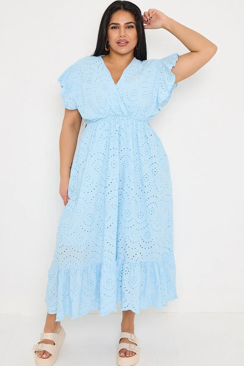 Plus Size Powder Blue Broderie Lace Wrap Top Frill Hem Dress
