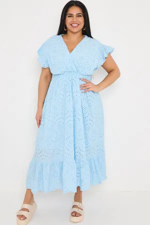 Plus Size Powder Blue Broderie Lace Wrap Top Frill Hem Dress