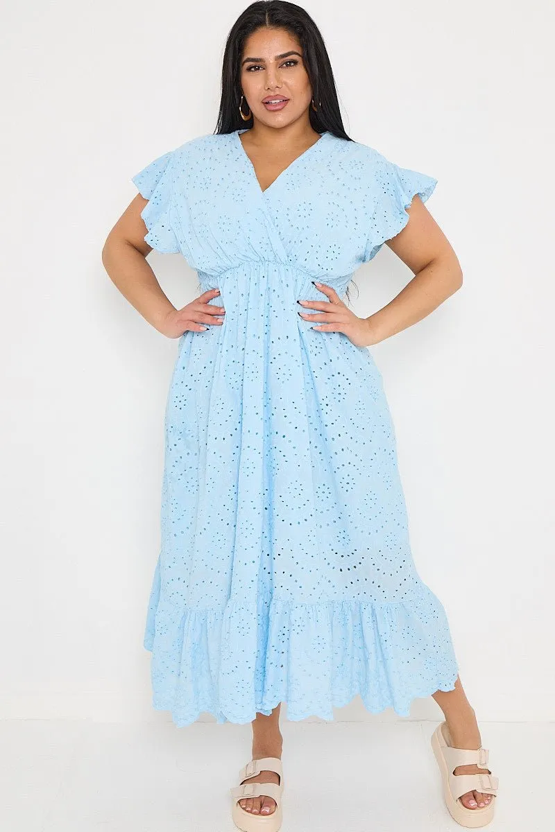 Plus Size Powder Blue Broderie Lace Wrap Top Frill Hem Dress