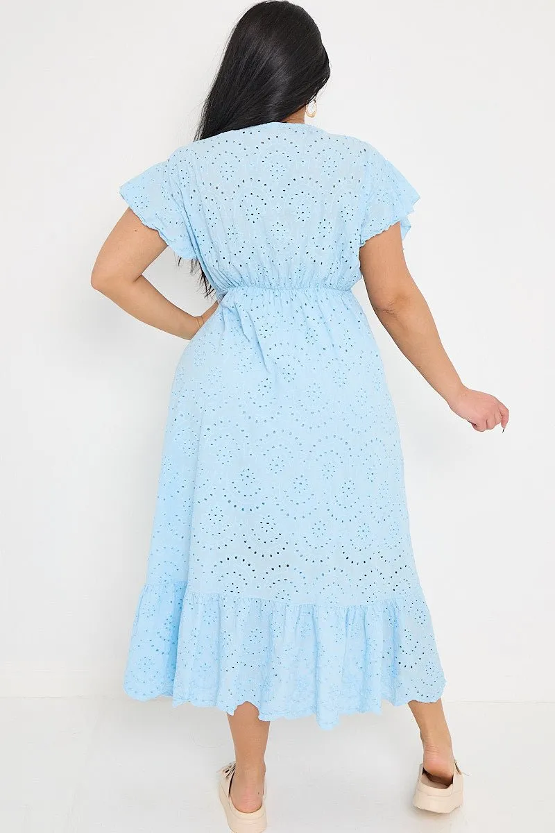 Plus Size Powder Blue Broderie Lace Wrap Top Frill Hem Dress