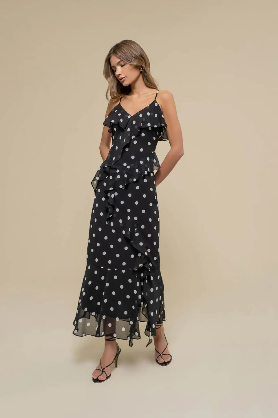 POLKA DOT RUFFLE WRAP SLEEVELESS MIDI DRESS