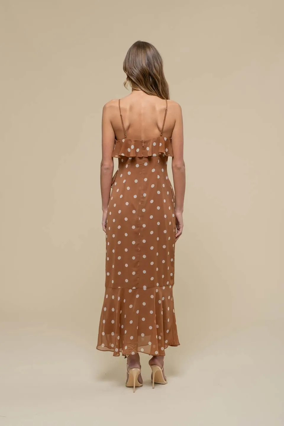 POLKA DOT RUFFLE WRAP SLEEVELESS MIDI DRESS