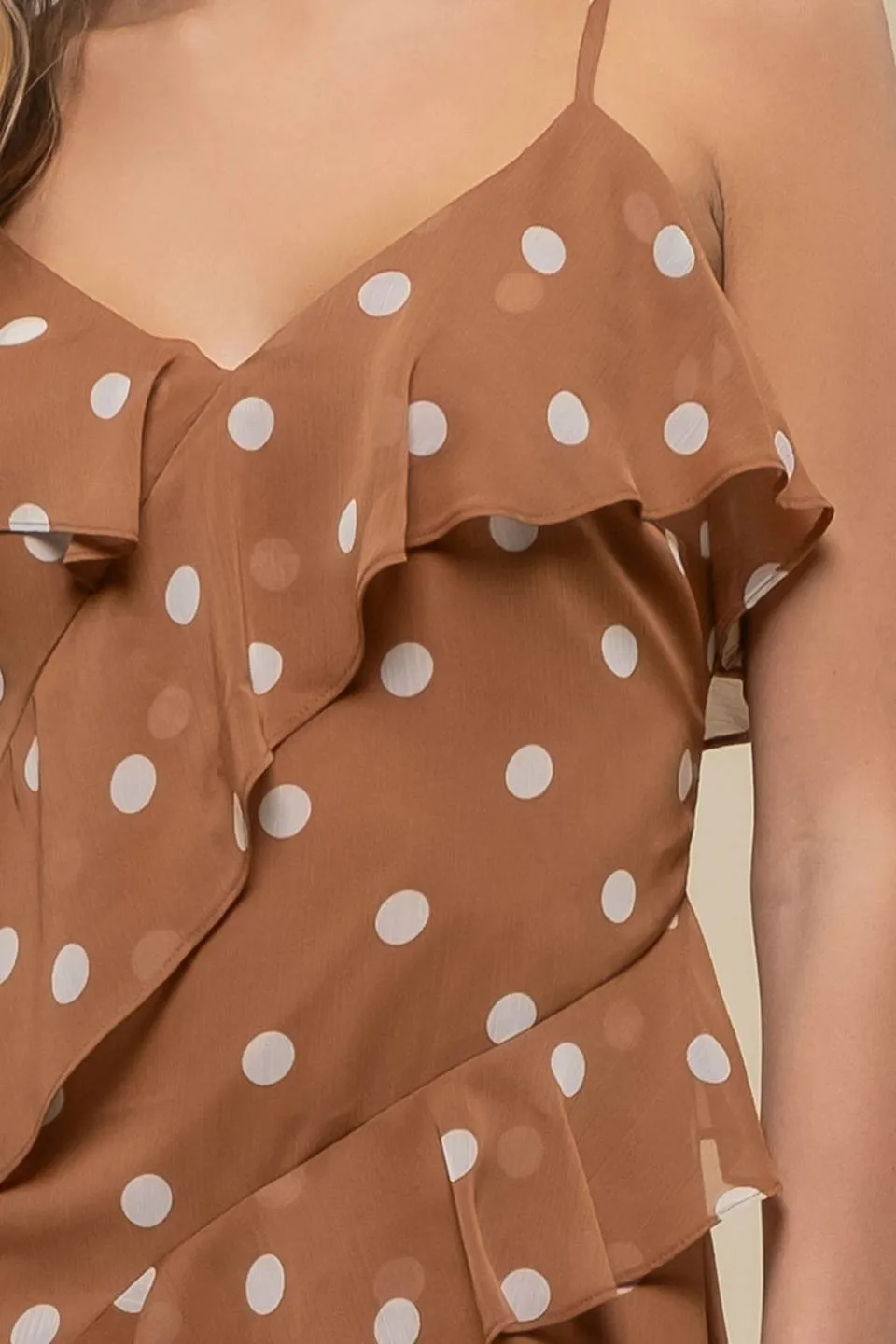 POLKA DOT RUFFLE WRAP SLEEVELESS MIDI DRESS