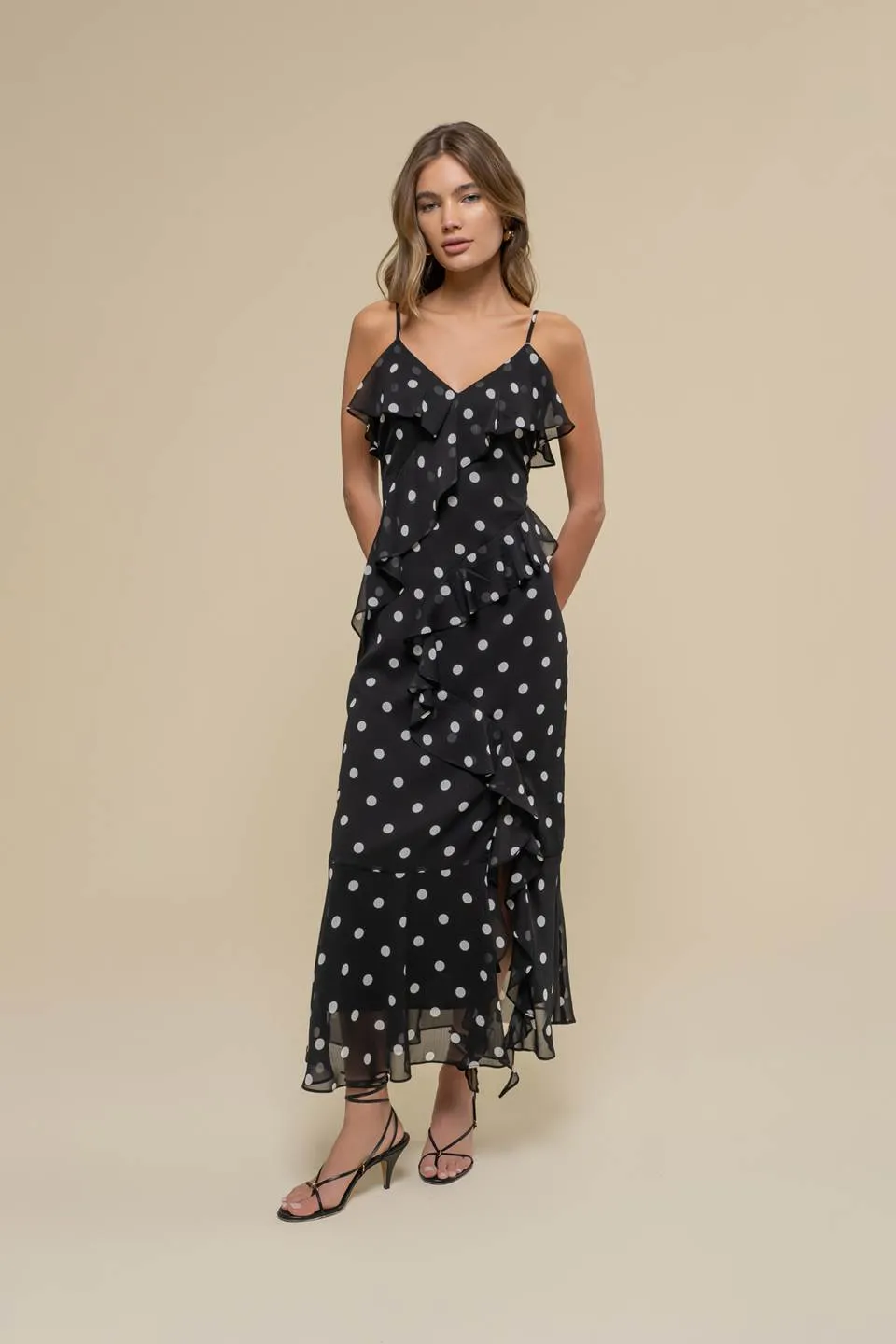 POLKA DOT RUFFLE WRAP SLEEVELESS MIDI DRESS