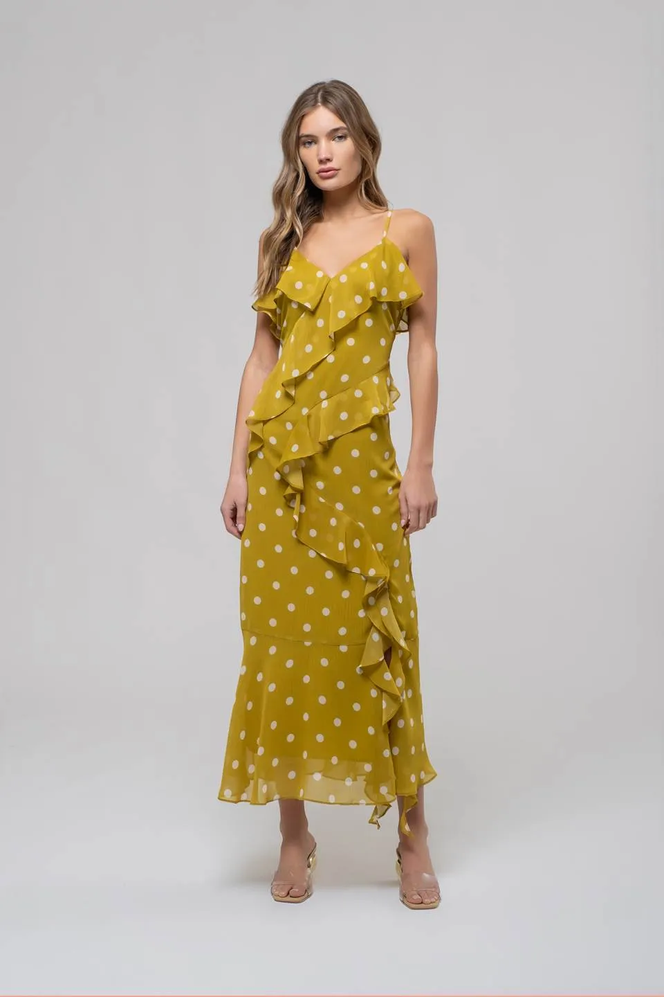 POLKA DOT RUFFLE WRAP SLEEVELESS MIDI DRESS