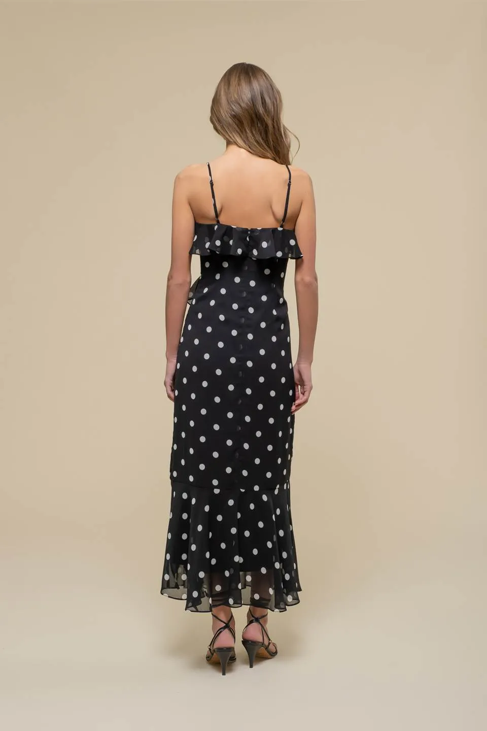 POLKA DOT RUFFLE WRAP SLEEVELESS MIDI DRESS